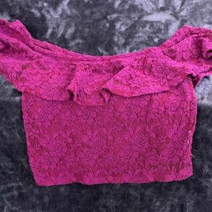 Burgundy lace off the shoulder crop top